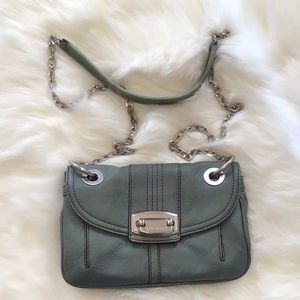 B Makowsky Crossbody Purse. Green with a Leopard print lining.